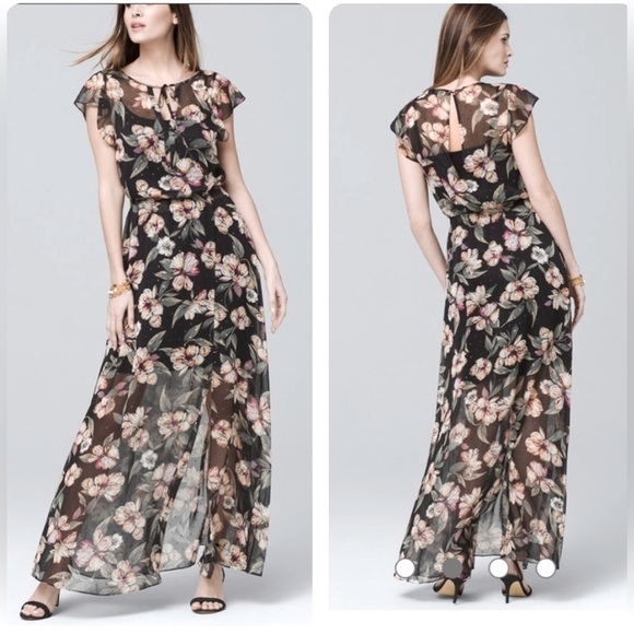 WHBM I White House Black Market Floral Chiffon Flutter Sleeves Maxi Dress - Picture 5 of 9